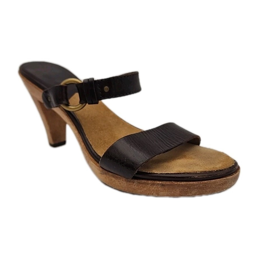 Michael Kors 2 Strap Sculpted Wood Heel Sandals Size 8.5M Dark Chocolate Leather